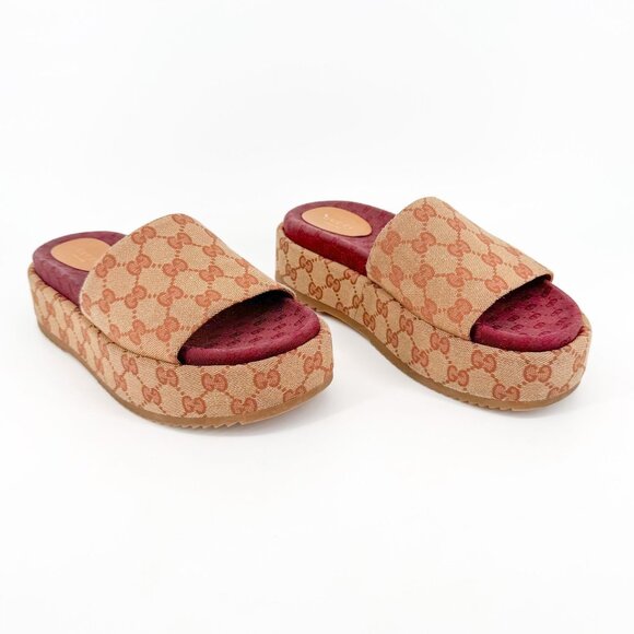 Gucci Angelina Platform Slide Sandals EU 39 US 9 Beige GG Monogram Logo Canvas - Picture 1 of 11